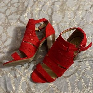 Violet and red chunky heel strappy sandal bright red